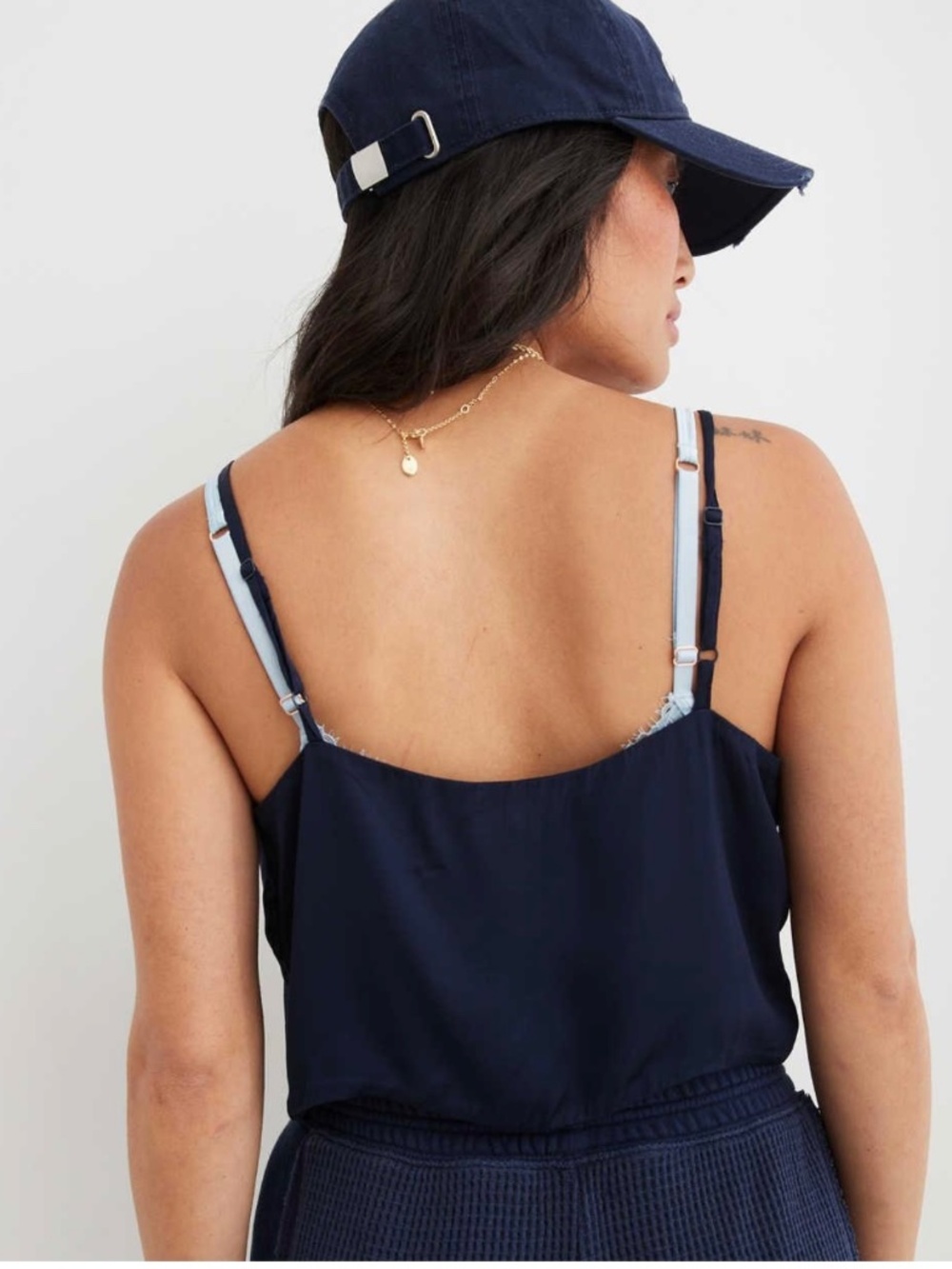 Aerie Satin Cinched Front Crop Tank Top Shirt Navy Blue V-Neck Strappy NEW XXL - Picture 7 of 10